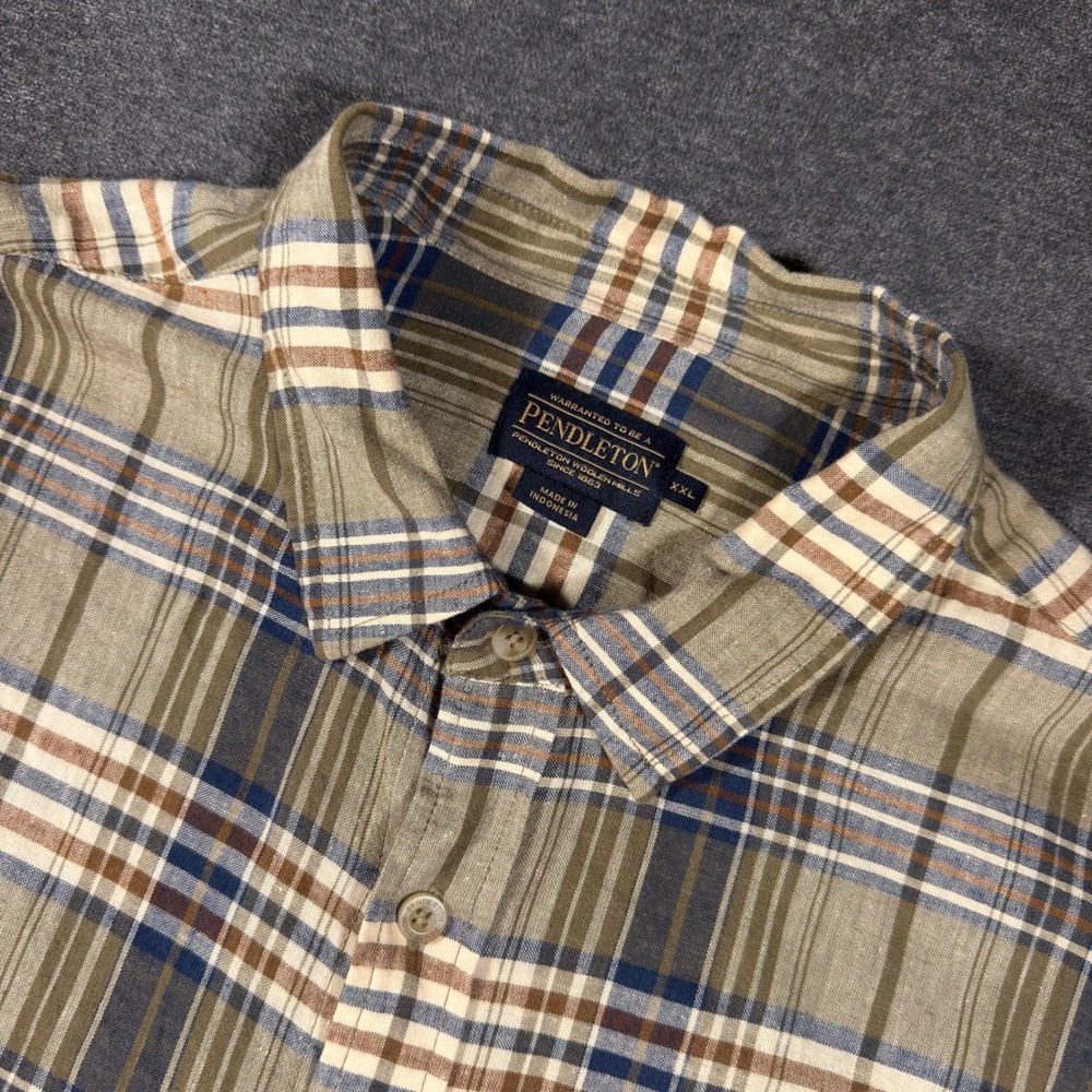 Pendleton Shirt Mens XXL Brown Linen Rayon Plaid Short Sleeve Button Up Casual